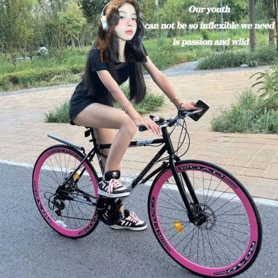 双碟刹变速死飞自行车男女学生版弯把实心胎公路跑车网红单车