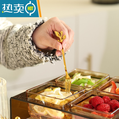 敬平高端创意家用不锈钢水果叉子儿童安全水果签收纳罐 金色树叶勺6支