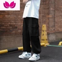 七斓日系痞帅工装裤男复古美式嘻哈潮流宽松直筒休闲长裤抽绳哈伦裤子