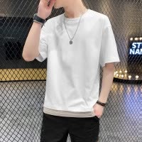 夏季新款男士T恤休闲宽松运动潮牌潮流纯棉拼色圆领短袖T恤男
