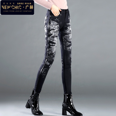 广赫欧洲站印花牛仔裤女涂鸦春秋修身显瘦小脚铅笔裤弹力高腰瘦腿靴裤牛仔裤