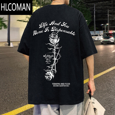 HLCOMAN酒红色短袖t恤男夏季玫瑰印花情侣美式高街潮牌宽松半袖体恤