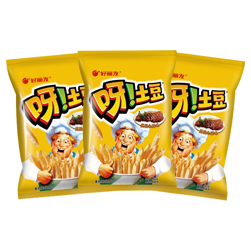 好丽友呀土豆薯条休闲食品小吃解馋小零食土豆里脊牛排味40g*3袋薯片