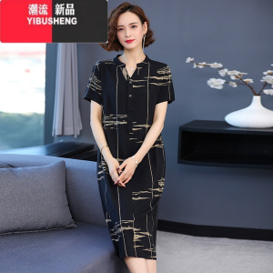 YIBUSHENG中老年妈妈装洋气棉绸连衣裙女士衬衫气质高贵宽松遮肚大码长裙
