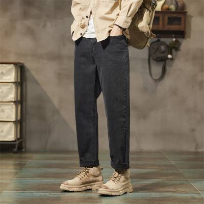 2026黑灰水洗牛仔裤MEN复古做旧微锥裤潮男工装风九分哈伦长裤