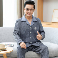 秋冬季加厚夹层棉睡衣男士开衫空气棉套装中年青年男款保暖家居服