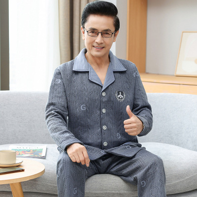 秋冬季加厚夹层棉睡衣男士开衫空气棉套装中年青年男款保暖家居服