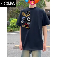 HLCOMAN美式复古高街桌球黑八刺绣短袖t恤男款夏季潮牌情侣上衣
