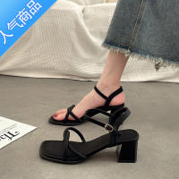 SUNTEK网红仙女风粗跟凉鞋女夏时装配裙子2023新款法式罗马一字带高跟鞋