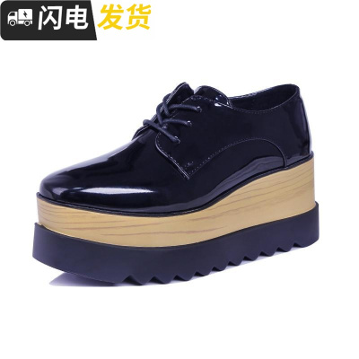 系带松糕鞋女春季2018新款黑色方头厚底英伦坡跟漆皮松糕底女单鞋启如休闲鞋