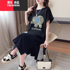 YIBUSHENGT恤裙宽松大码中长款连衣裙休闲微胖遮肉直筒过膝短袖打底裙