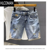 HLCOMAN夏季薄款轻奢潮牌高端复古乞丐破洞牛仔短裤男拼接中裤弹力五分裤