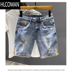 HLCOMAN夏季薄款轻奢潮牌高端复古乞丐破洞牛仔短裤男拼接中裤弹力五分裤
