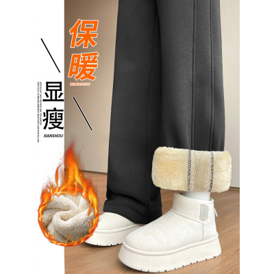 灰色加绒运动裤女裤秋冬季加厚棉裤外穿窄版直筒羊羔绒阔腿卫裤子_511