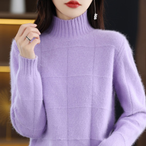 秋冬新款貂绒毛衣女高领宽松短款羊毛衫针织毛衣女装上衣
