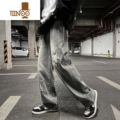 YANXU裤子男士牛仔裤男2022新款宽松直筒阔腿美式高街vibe潮牌长裤