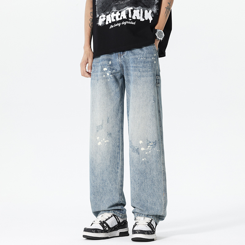 复古蓝泼墨涂鸦牛仔裤 男款宽松直筒裤 街头破洞潮流休闲长裤