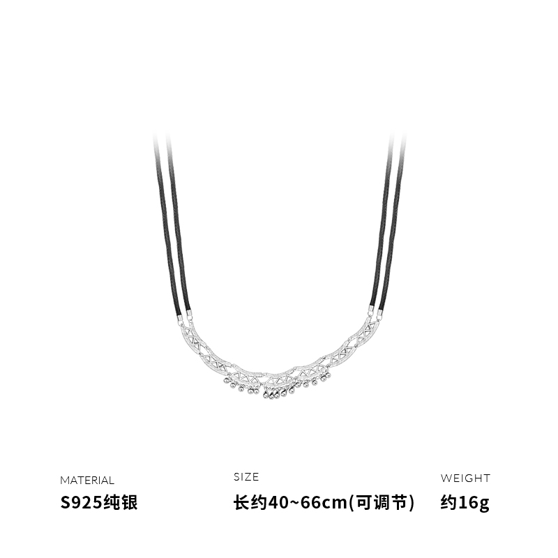 925纯银流苏唐草纹吊坠黑皮绳项链女锁骨链时尚新重约16g BCX4244