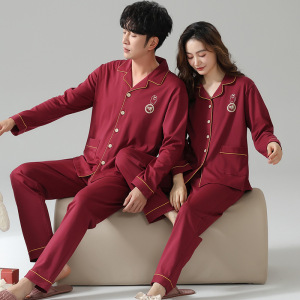 情侣睡衣秋冬棉质长袖结婚新婚大红喜庆开衫翻领家居服本命年套装