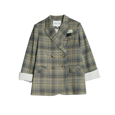 语娄鹿向南卡其色格子西装外套女休闲韩版英伦风设计感小众西服秋季2021西装