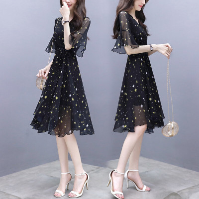 遇见衣姿2020夏雪纺连衣裙夏碎花收腰显瘦气质黑色流行长裙