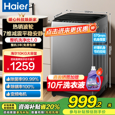 海尔(Haier)10公斤 变频 全自动 波轮洗衣机 1.0洗净比 纳米微泡净 除菌除螨 XQB100-BZ20B0