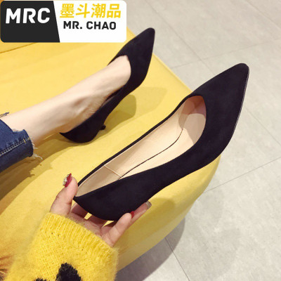 红色(1-3厘米)鞋新款百搭尖头浅口细跟单鞋女猫跟职业女鞋婚鞋墨斗潮品休闲鞋