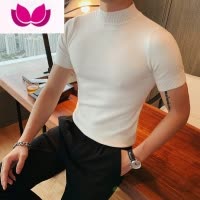 七斓春季韩版修身男士半高领短袖T恤型男紧身弹力针织衫圆领打底线衫