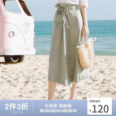 茵曼夏装新款蝴蝶结腰带不对称下摆开衩A字半身中裙伞裙高腰1802325-