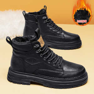 男鞋冬季新款高帮皮面休闲厚底工装马丁靴英伦风加绒加厚保暖棉鞋