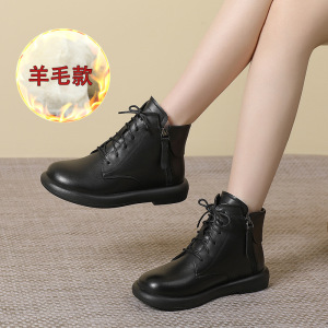 羊毛款真皮圆头系带低跟秋冬马丁靴英伦风纯色牛皮时装靴