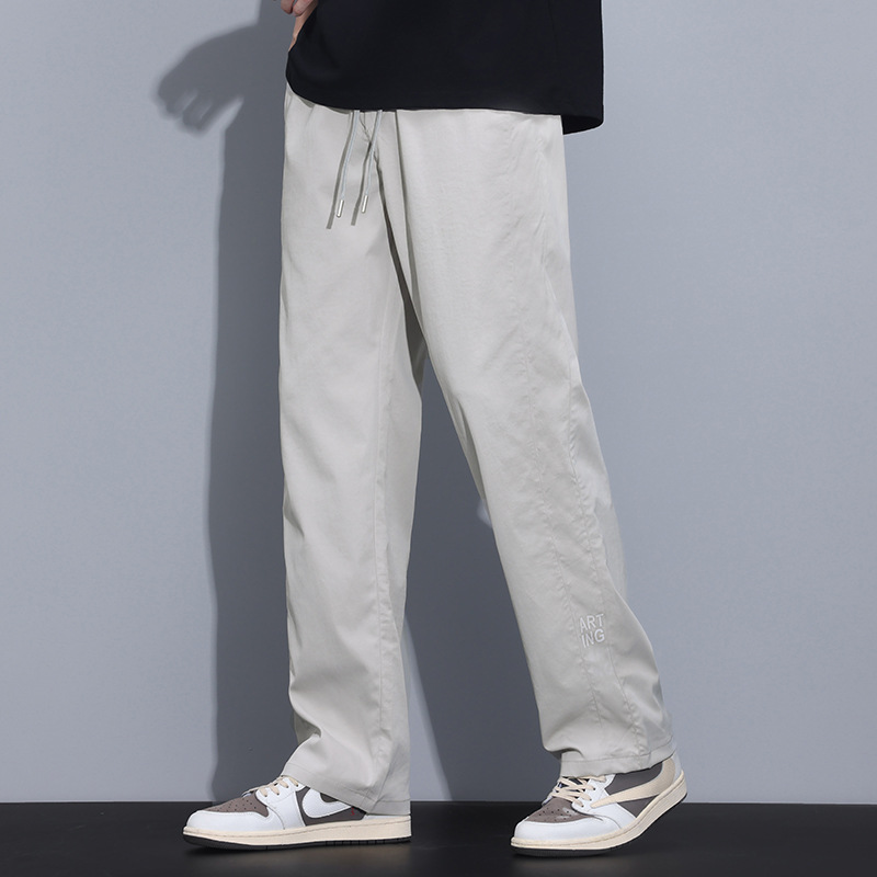 抽绳直筒休闲裤男 浅灰刺绣字母裤 春夏薄款透气裤子 阔腿 休闲裤