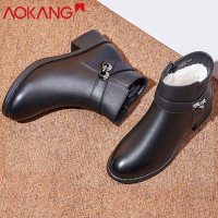 奥康女鞋冬季女棉鞋牛皮加绒保暖防滑中年妈妈皮鞋粗跟短靴子