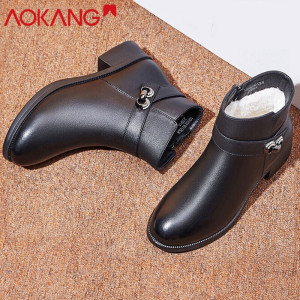 奥康女鞋冬季女棉鞋牛皮加绒保暖防滑中年妈妈皮鞋粗跟短靴子