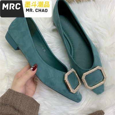 20新款尖头浅口水钻方扣气质平跟单鞋粗跟新娘婚鞋晚会鞋奶奶鞋女墨斗潮品休闲鞋