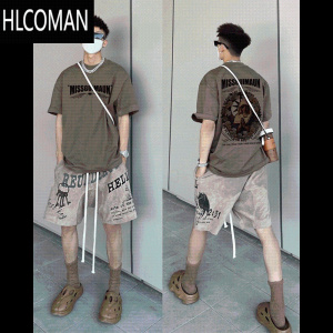 HLCOMAN美式ins新款正肩高街圆领半袖T恤男夏季复古潮牌休闲短袖上衣