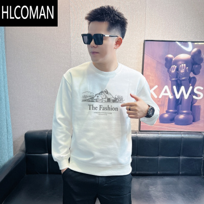 HLCOMAN2024男士新款潮流潮牌圆领卫衣时尚青年港风复古加绒长袖T恤