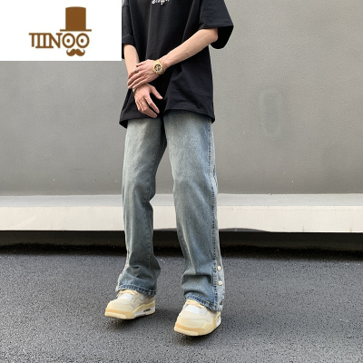 YANXU美式高街vibe复古水洗潮牌男生休闲裤脚排扣开叉长裤子牛仔裤男款