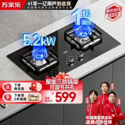 万家乐双高火JZY-AY8燃气灶家用厨房台嵌两用液化气煤气双灶5.0KW大火力兼容性开孔安装不受限一级能效节能