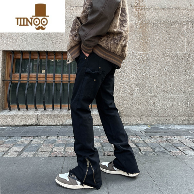 YANXU高街vibe风拉链开叉休闲裤男ins潮牌宽松直筒美式工装微喇叭长裤