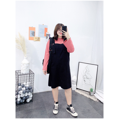 广赫宛宛2020早秋洋气连衣裙套装加大码女装胖妹妹T恤+背带裙两件套冬套装