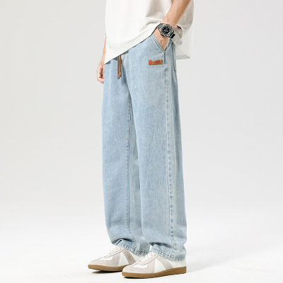 工厂浅蓝抽绳男裤宽松阔腿直筒牛仔裤春秋复古百搭长裤_537