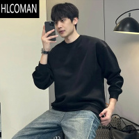 HLCOMAN黑色卫衣男秋季穿搭潮牌宽松落肩长袖T恤男款cleanfit打底衫