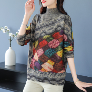 欧洲站设计高端印花半高领羊绒衫毛衣女士宽松春秋2024新款春秋装时尚洋气妈妈上衣针织衫打底衫羊毛衫套头毛衣女装
