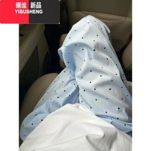 YIBUSHENG多巴胺奶蓝色波点休闲裤女季薄款2024新款宽松直筒垂感阔腿裤子