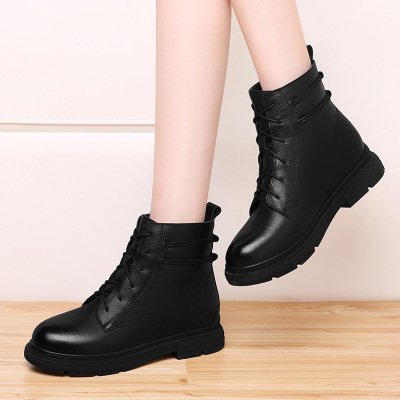 古奇天伦牛皮平底短靴女2020年秋冬新款英伦百搭系带女鞋中跟马丁靴利德尚品5266