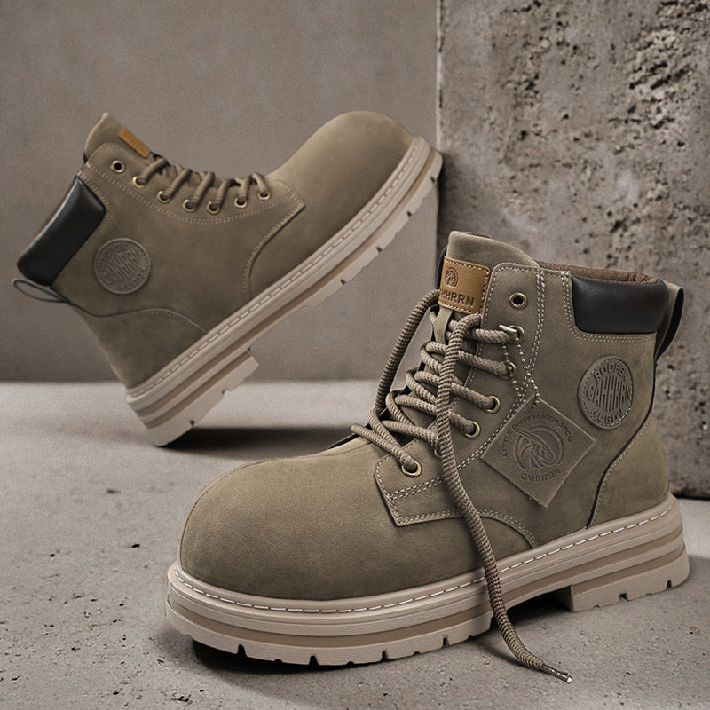 绒面大头靴子秋冬季新款男士马丁靴厚底增高系带复古工装男鞋卡其