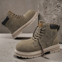 绒面大头靴子秋冬季新款男士马丁靴厚底增高系带复古工装男鞋卡其