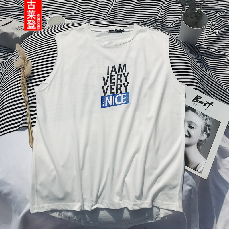 UYUK男生无袖T恤男欧美街头字母印花T恤衫男篮球背心街舞打底衫宽松T恤