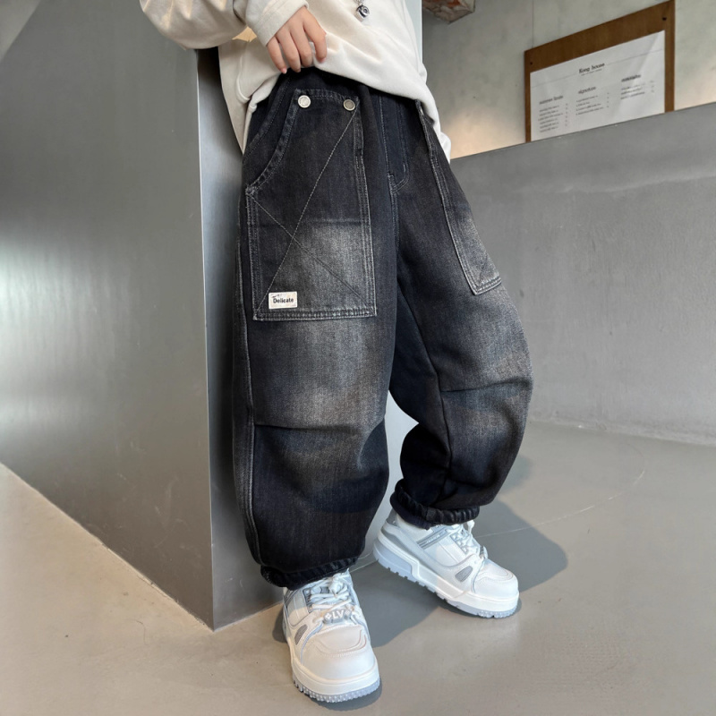 男童加绒裤子秋冬装新款中大童工装裤加厚儿童牛仔裤一体绒潮